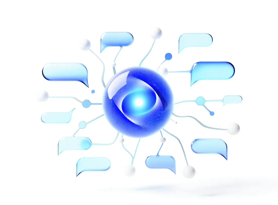 Abstract illustration of an AI agent core linked to chat bubbles